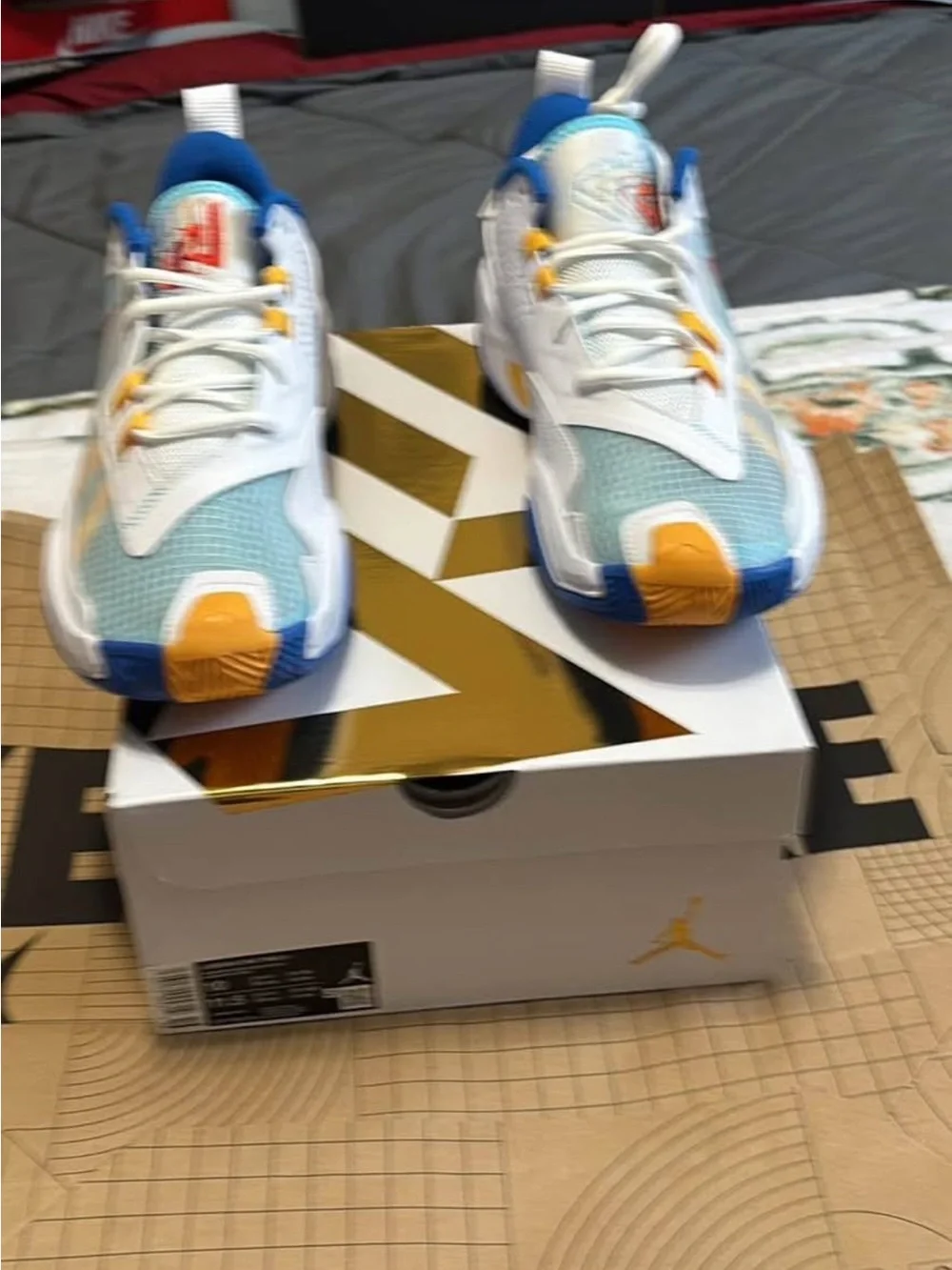 Air Jordan Low-Top Sneakers in White, Blue & Yellow